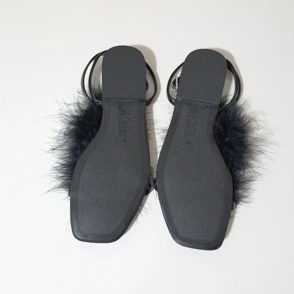 NWT Zara black feather accented flat strap up sandals, EU 36 - Picture 14 of 14